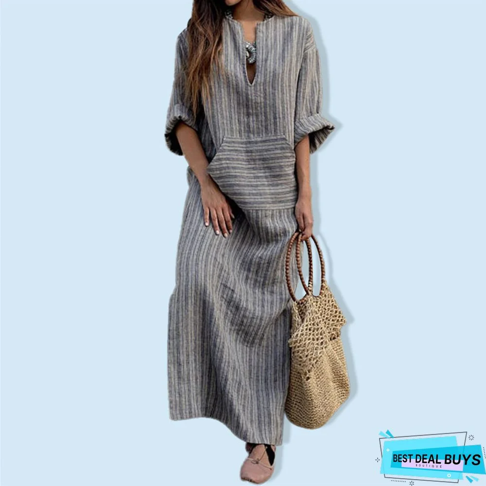 Cotton Pocket Yarn-Dyed Loose Long Dress