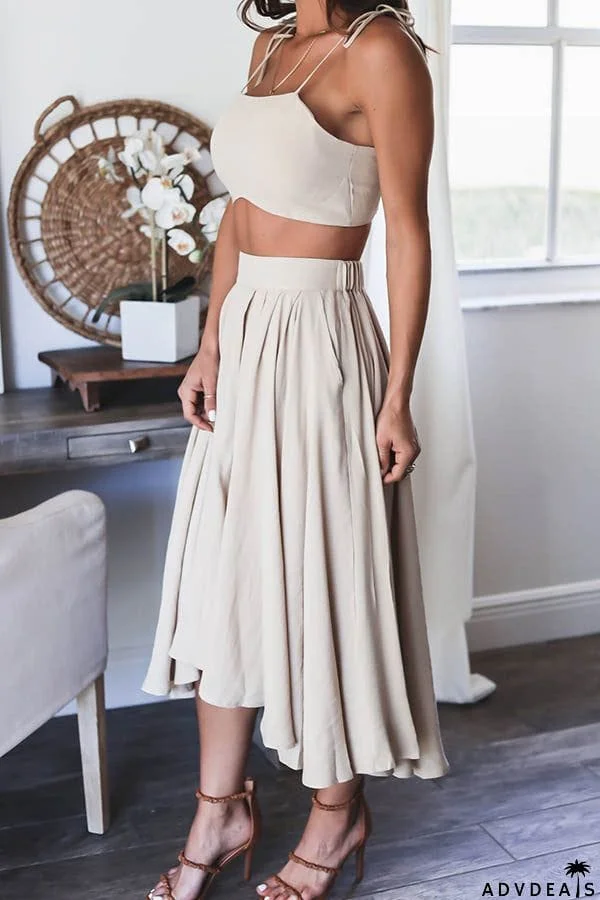 Tie Shoulder Crop Top Pockets Maxi Skirt Set