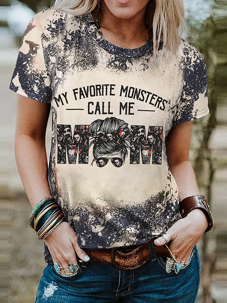 Vintage My Favorite Monsters Call Me Mom Print Crew Neck Cozy Vintage T-Shirt