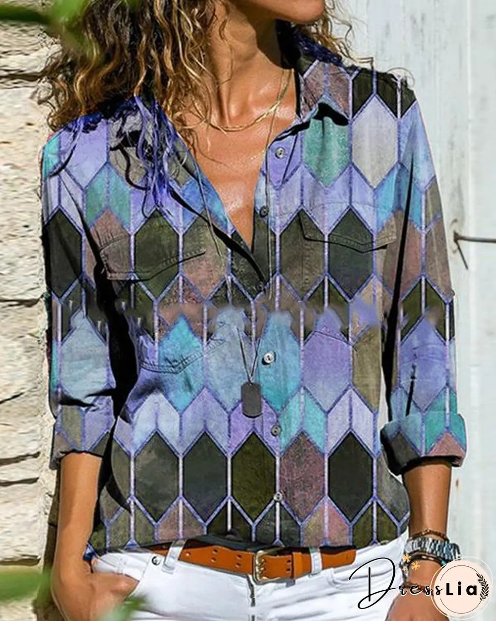 Color Block Casual Collar Long Sleeve Blouses