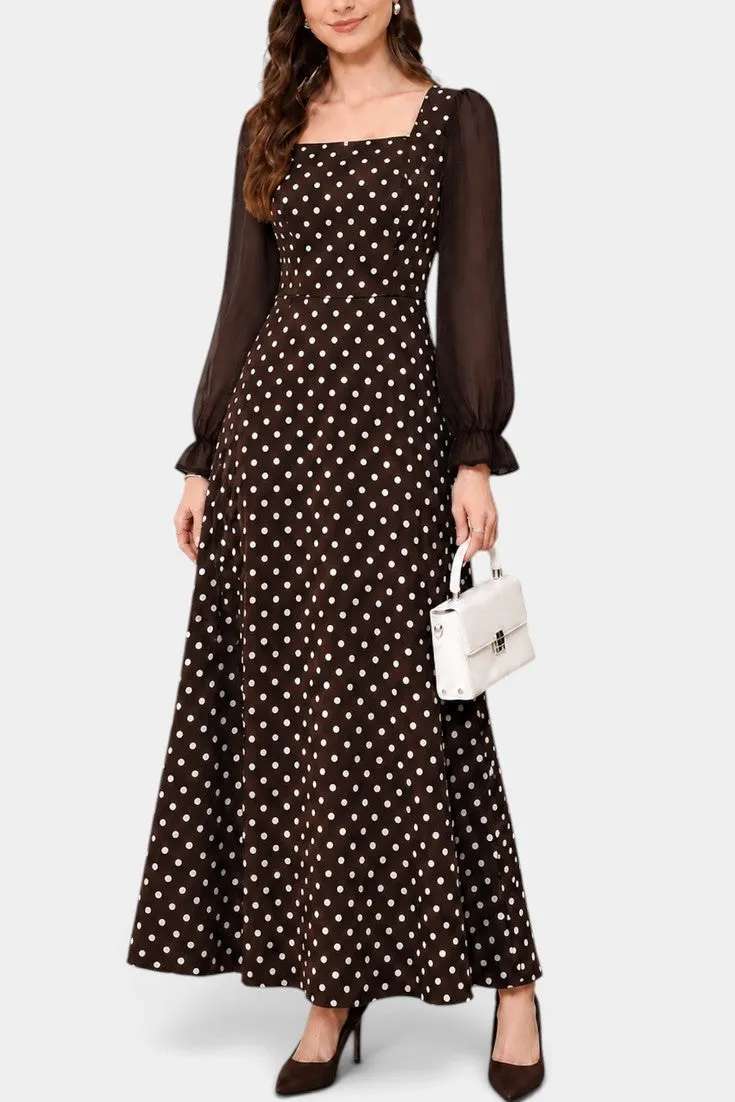 Polka Dot Maxi Dress with Square Neck & Puff Sleeves