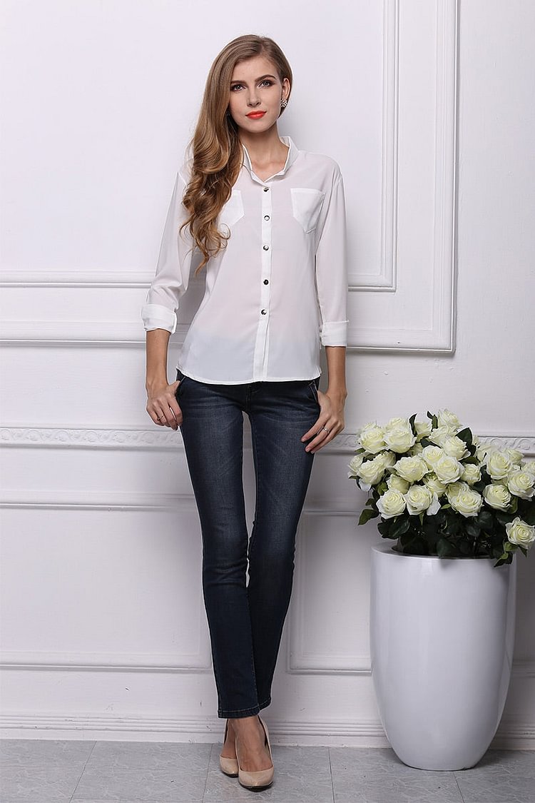 White Pocket Front Single Breasted Blouse With Long Sleeves - Life is Beautiful for You - SheChoic