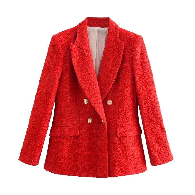 Stylish Elegant Red Double Breasted Tweed Jacket Women 2021 Fashion Pockets Turn-down Collar Coats Female Chic Outerwear