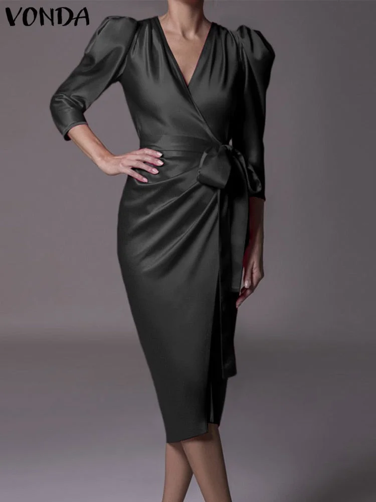 Fashion VONDA Elegant Office Party Dress Women Sexy Puff Sleeve Satin Slik Sundress Femme Pleated Deep V Neck Bandage Midi Robe