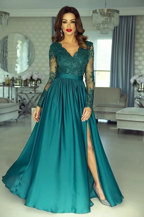 Long Sleeves Dark Green Prom Dress Lace Appliques With Slit - lulusllly