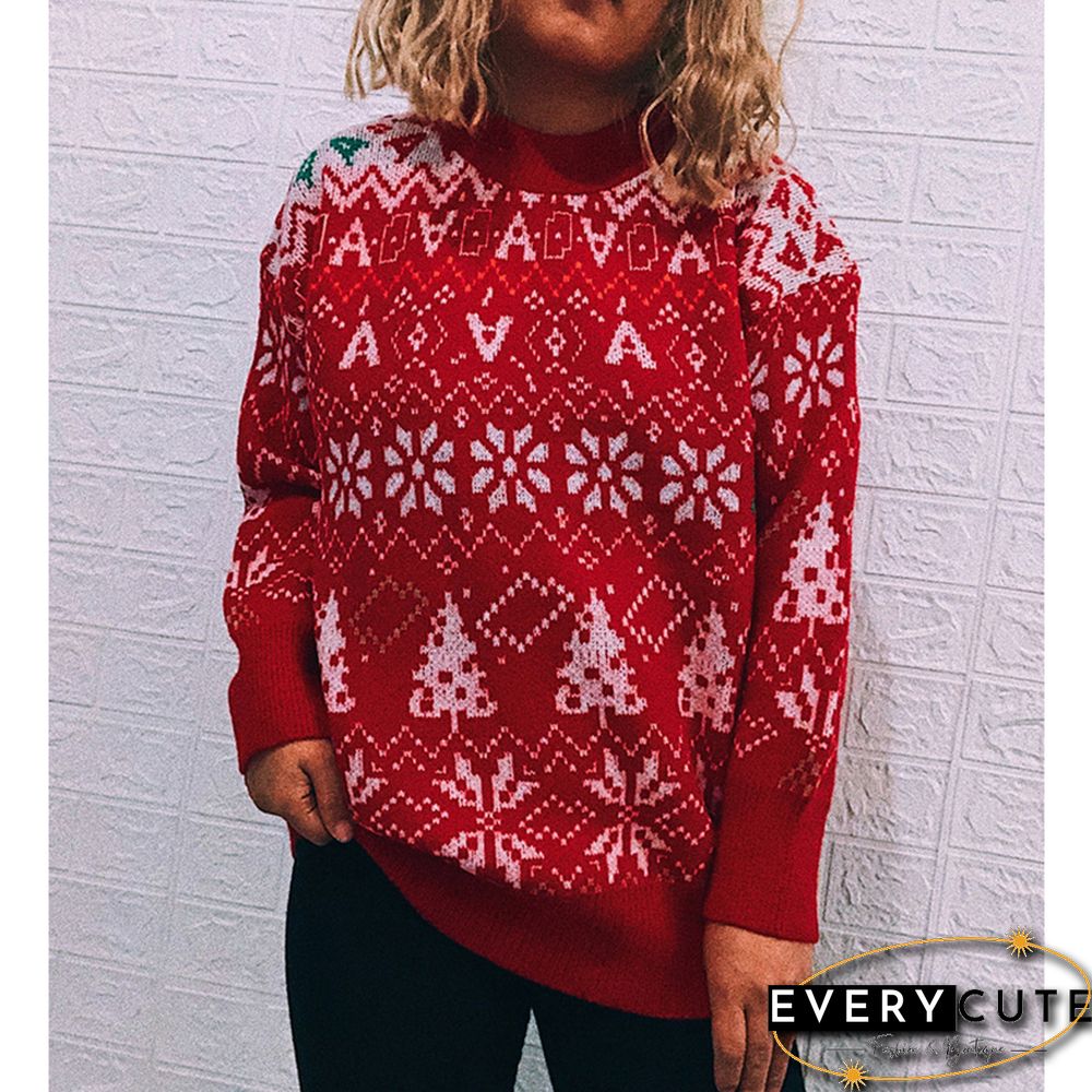 Red Round Neck Vintage Snowflake Christmas Sweater