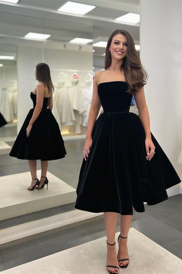 Modest Strapless Sleeveless Black Tea Length Prom Dress Online | Ballbellas Ballbellas