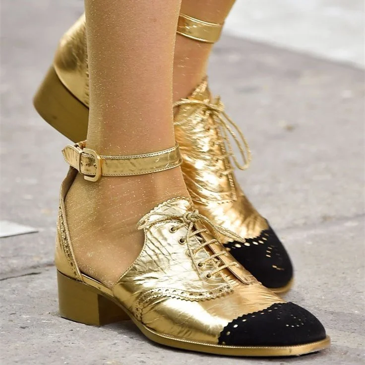 Gold and Black Wingtip Shoes Lace Up Ankle Strap Block Heel Oxfords US 10.5 / EU 40.5-Gold