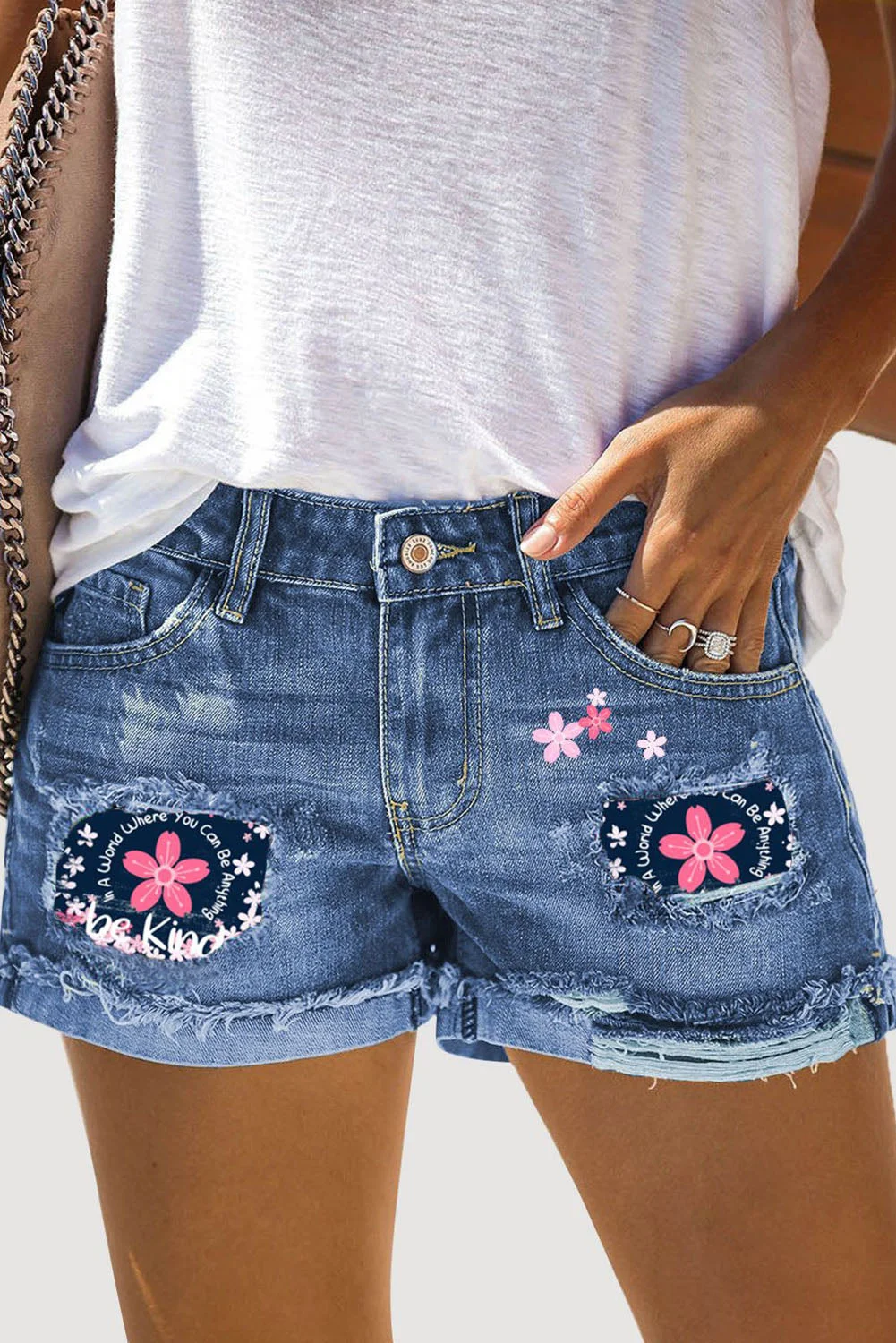 Cherry Blossom Ripped Denim Shorts