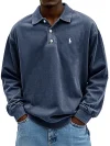 Men's Retro Washed Distressed Cotton Lapel Long Sleeve Polo Shirt