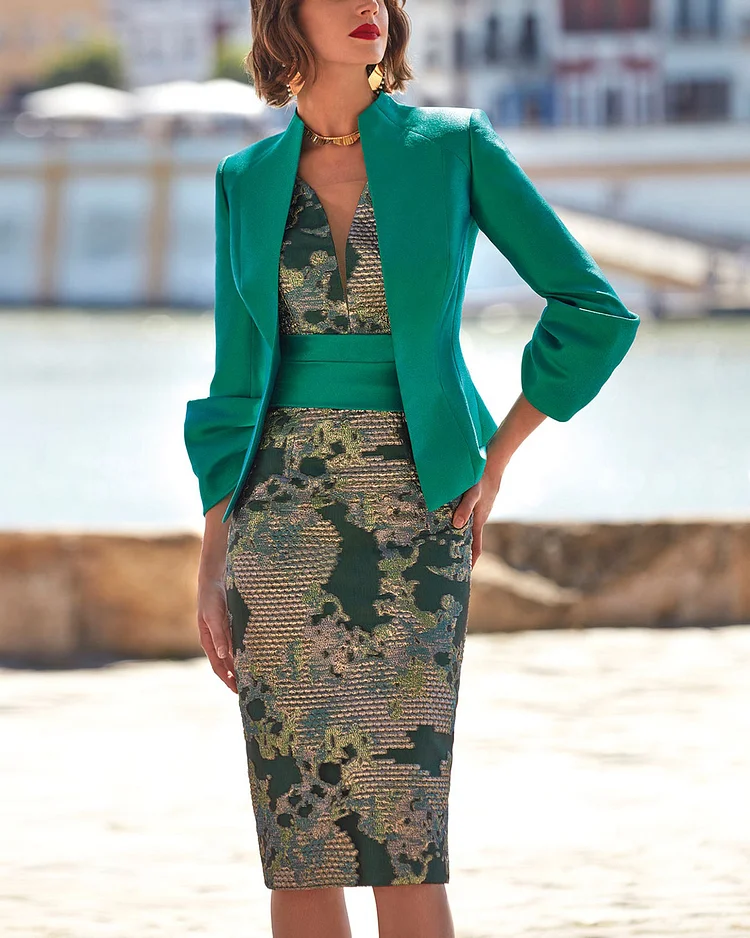 Vintage Jacket And Jacquard Dress Two-piece Set