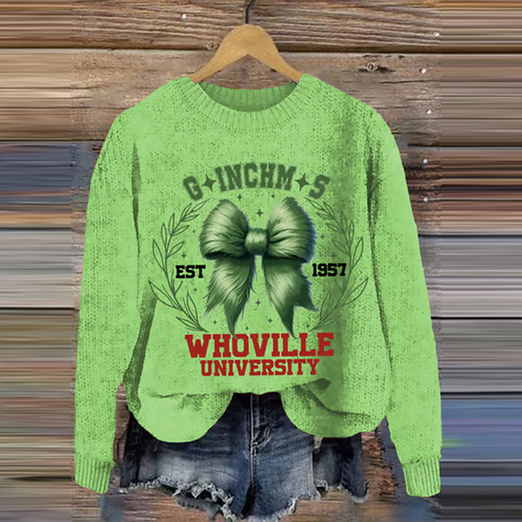 Vintage Whoville University Est 1957 Green Coquette Bow Printed Pattern Style Knitted Warm Sweater