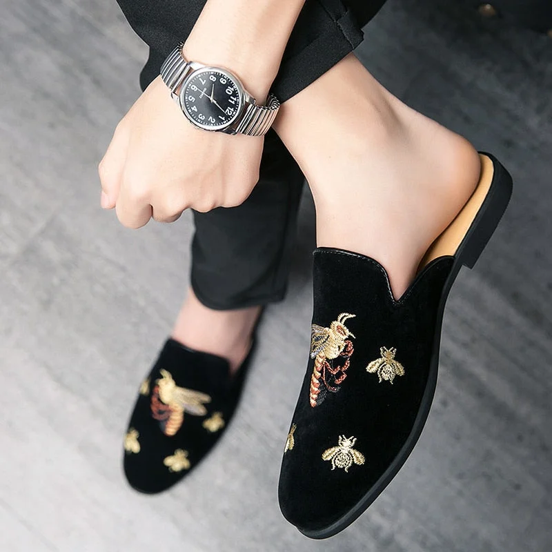Embroidery Suede Leather Mules Men Shoes Casual Summer Slip-On Loafers Slippers On Backless Half Shoe For Men Mule Masculino