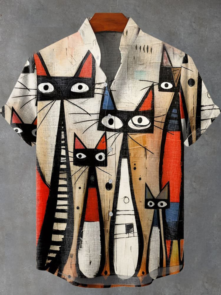 Men's Abstract Kitten Art Casual Vacation Cartoon Print Shirt PLUSCLOTHESMAN