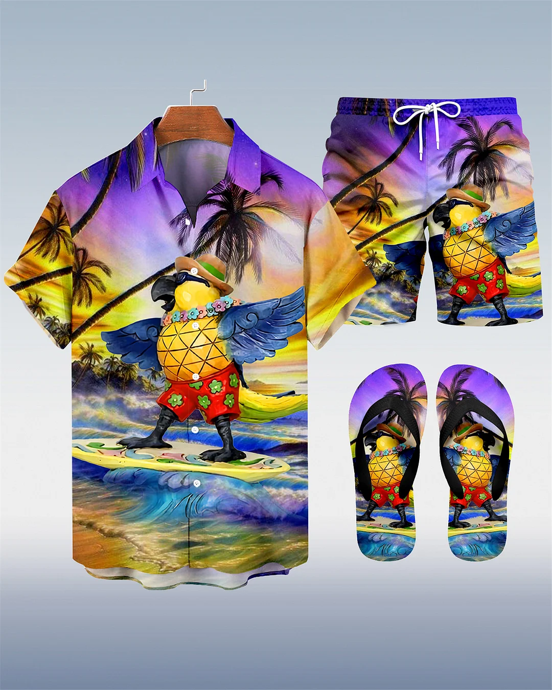 Suitmens Men's Men's Tiki Style Hawaiian Vacation Print Three-Piece Set 033