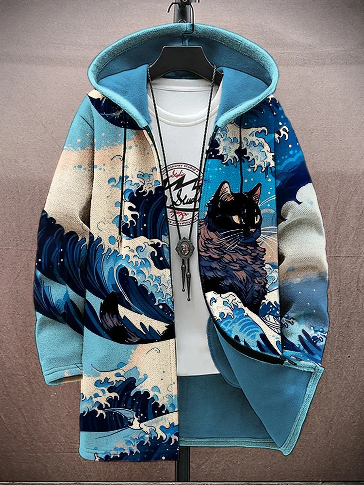 Ocean & Japanese Cat Print Men's Hooded Jacket