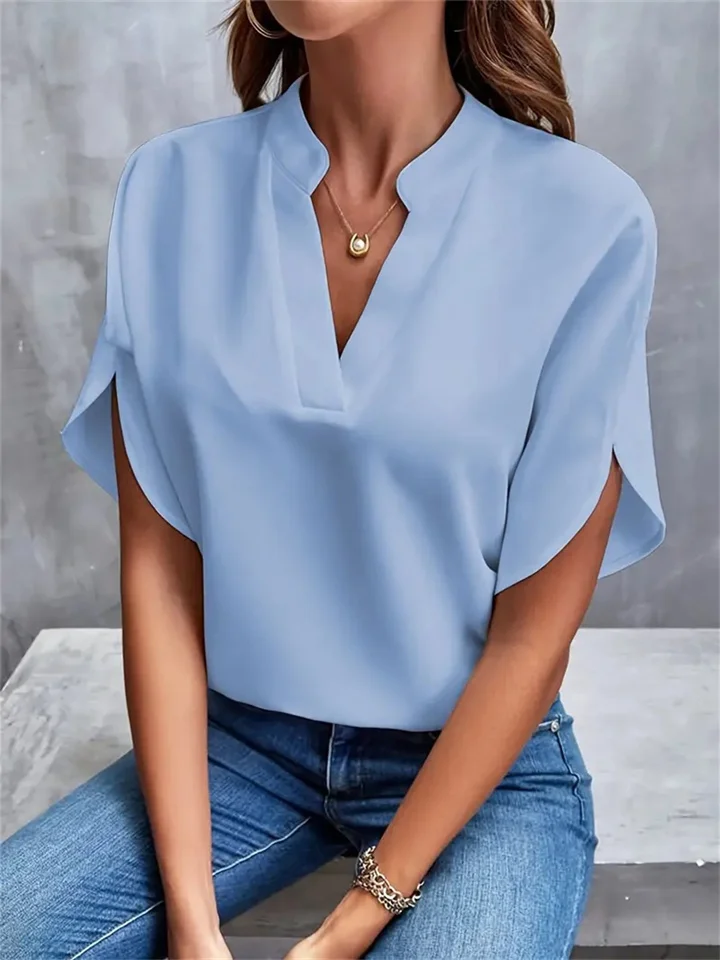 Women's Summer Casual Solid Color V-neck Loose Shirt Top