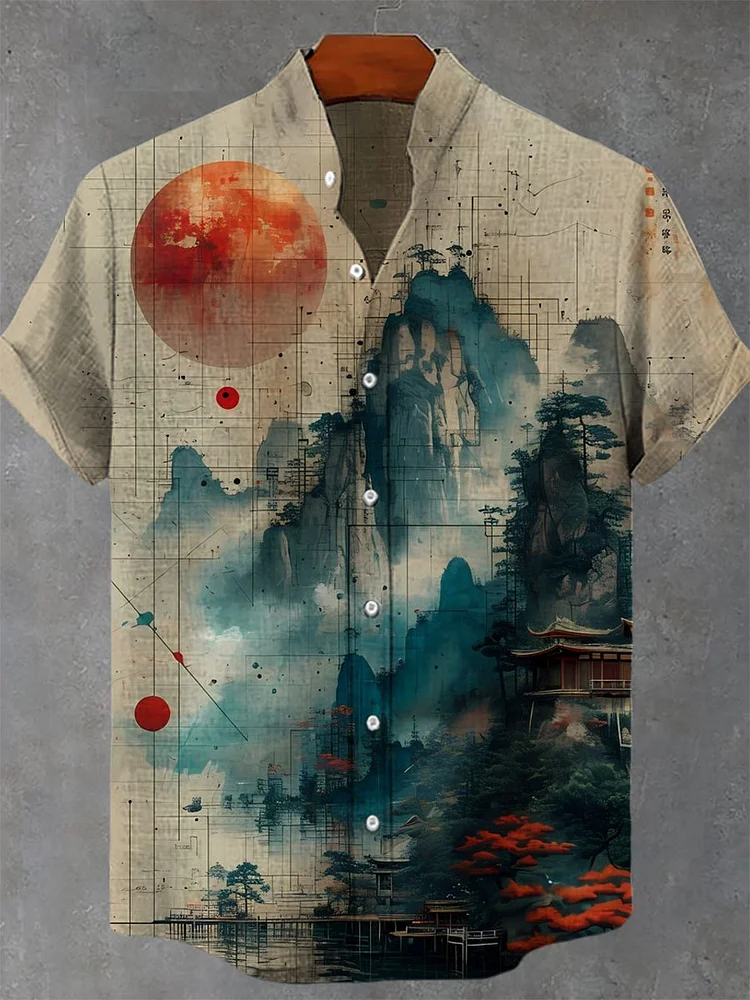 Vintage Japanese Art Sun Print Casual 100% Cotton Shirt