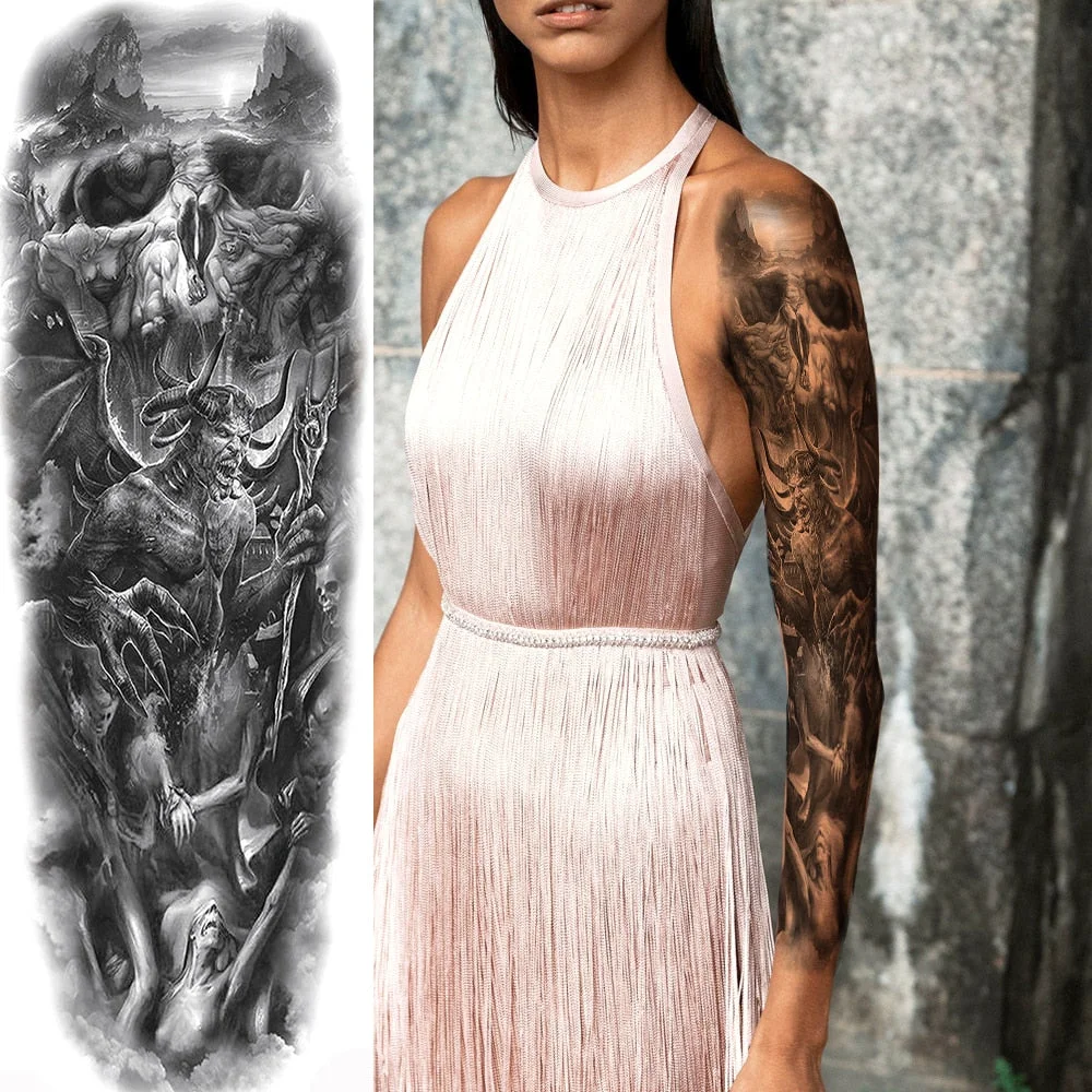 For Men Women Body Art Full Arm Sleeve Black Flower Tatoo Water Transfer Fake Tattoo Stickers Large Compass Temporary Tattoos