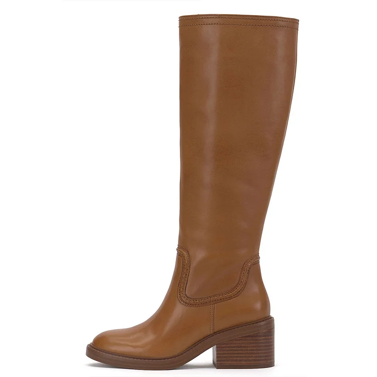 Classic Brown Round Toe Knee High Riding Boots with Block Heels |FSJ Shoes