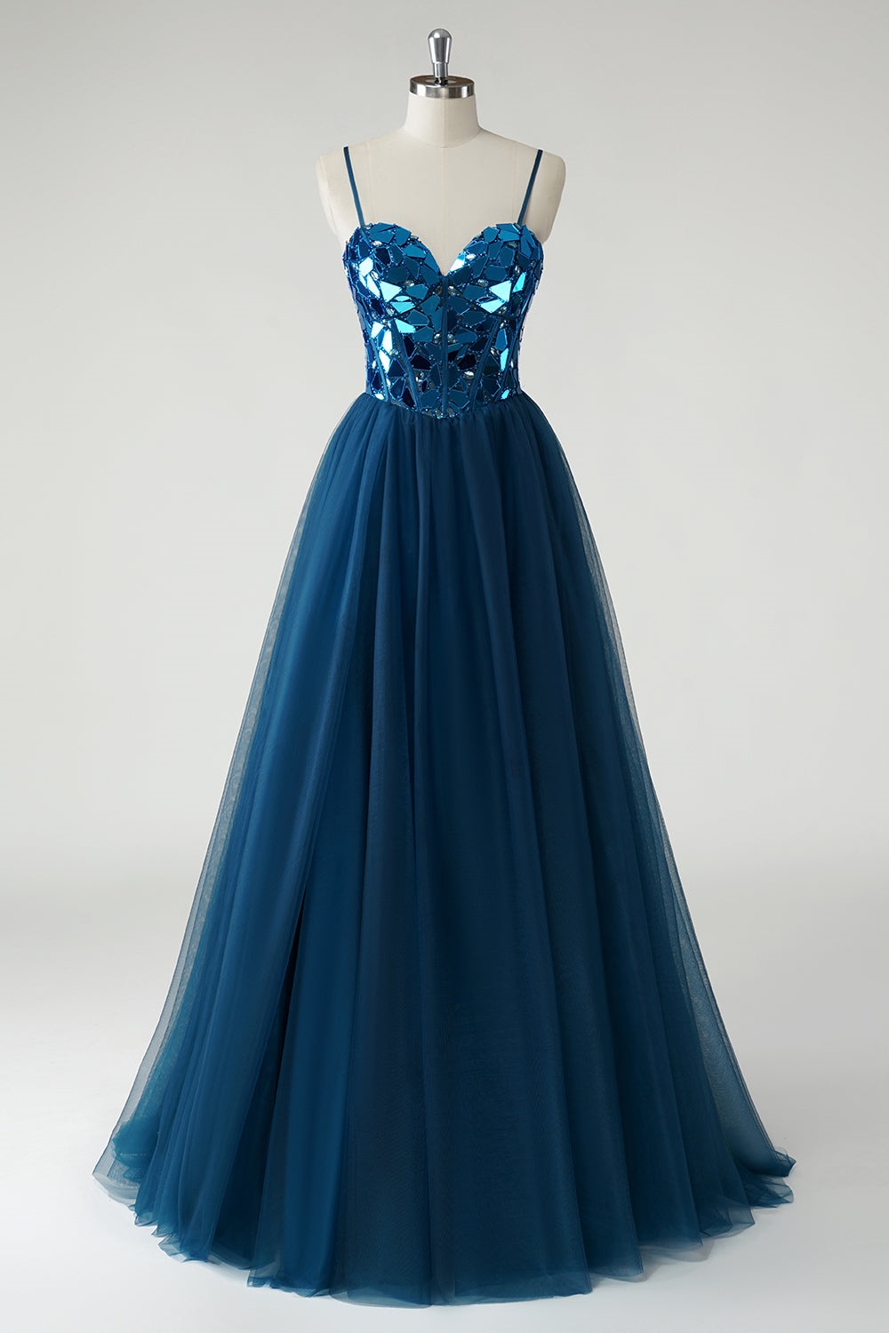 Ovlias Dazzling Spaghetti Strap Sequins Backless Layered Prom Dress LY0605