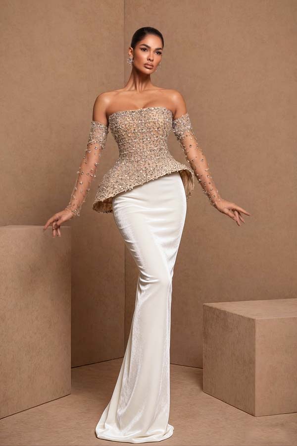Daisda Black Sleeveless Strapless Mermaid Satin Beads Long Prom Dress With Gloves