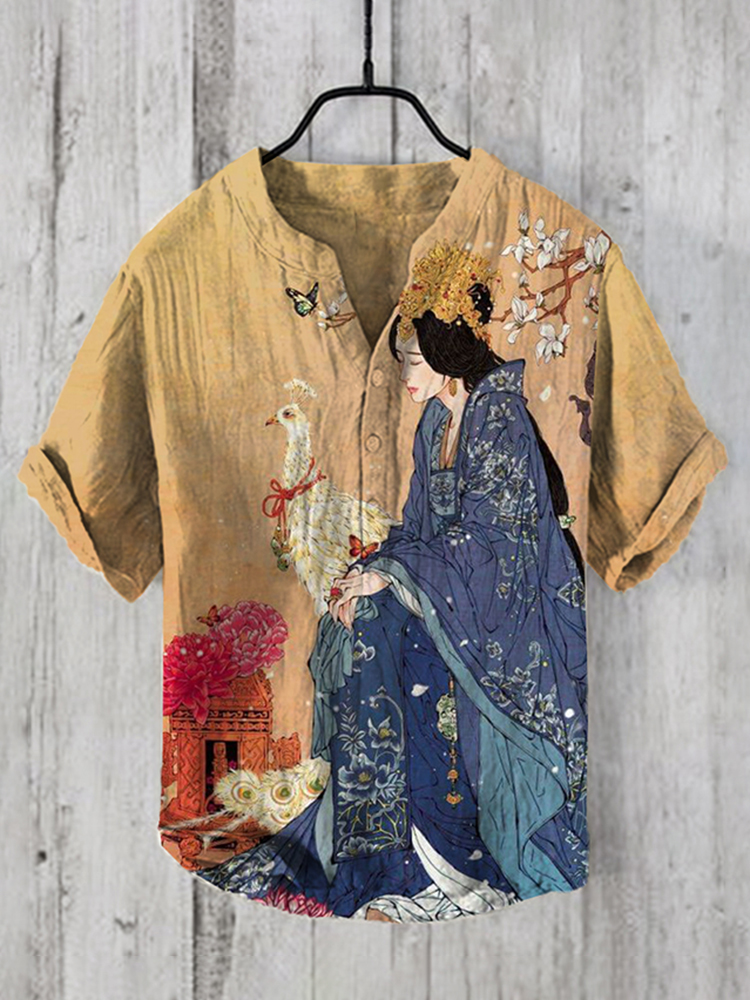 Comstylish Men's Vintage Geishas Japanese Art Linen Blend Shirt