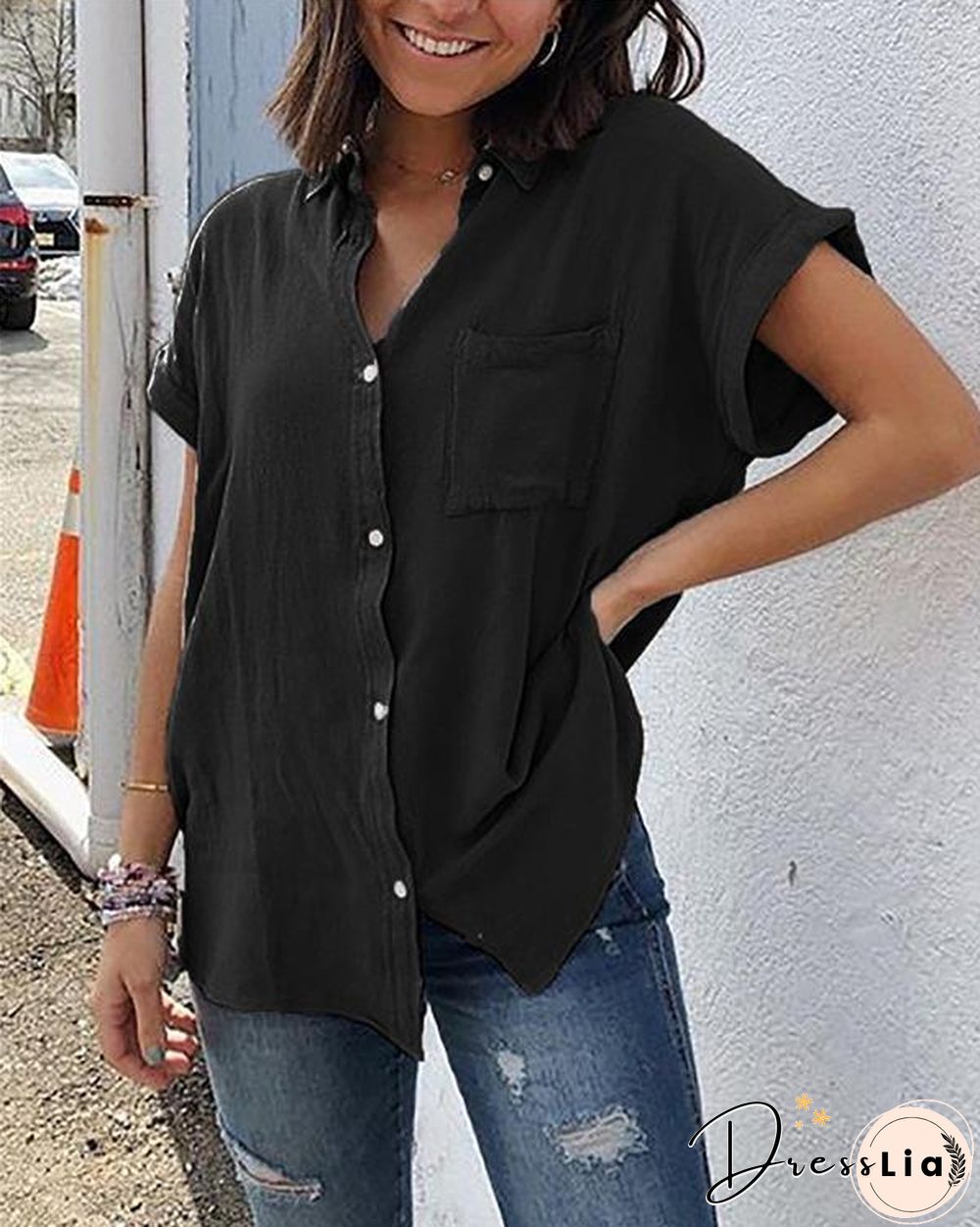 Pockets Short Sleeve Buttoned Down Plus Size Blouses