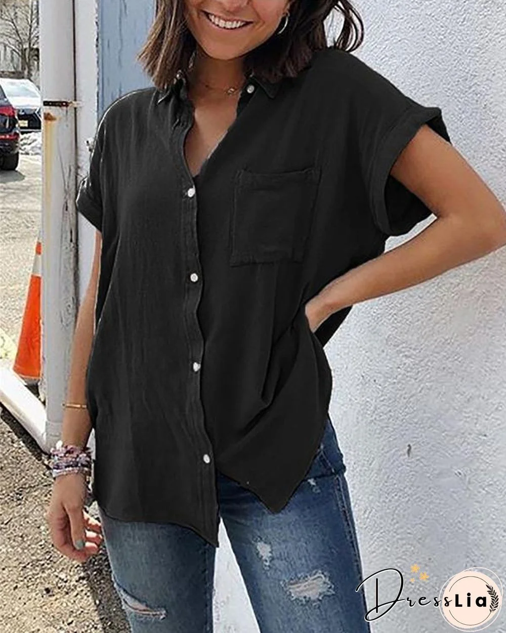 Pockets Short Sleeve Buttoned Down Plus Size Blouses