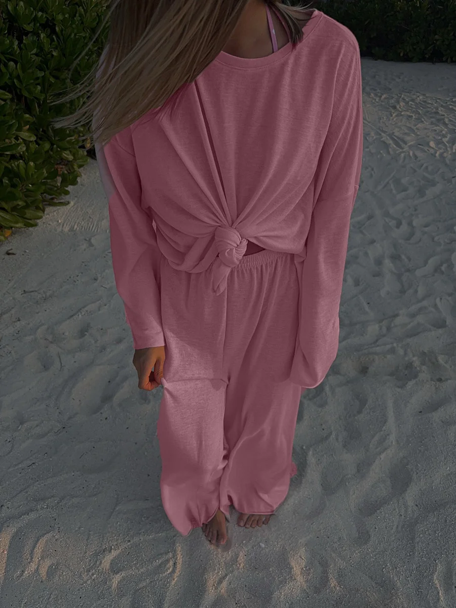 Athvotar Athvotar Lazy Wind Perspective Loose Long Open Shirt Plus Short Skirt Suit Women's Jersey Trousers Two Sets