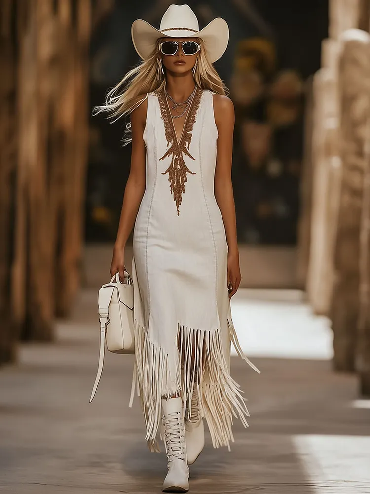 【24-hour shipping out】Casual Vintage Brown Embroidery White Denim Sleeveless Tassel Midi Dress