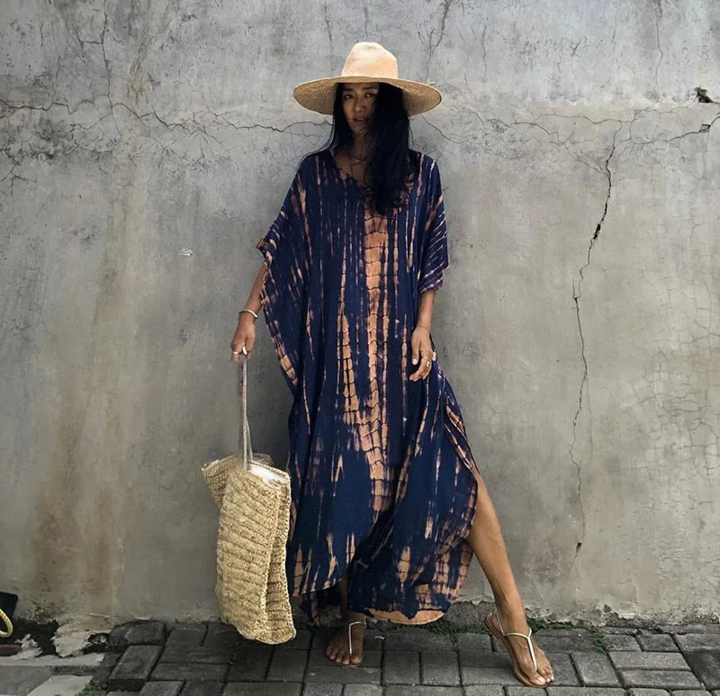 Fitshinling Halo Dyeing Vintage Beach Long Dress Women V Neck Oversize Robe Side Split Loose Kaftan Holiday Boho Maxi Dresses