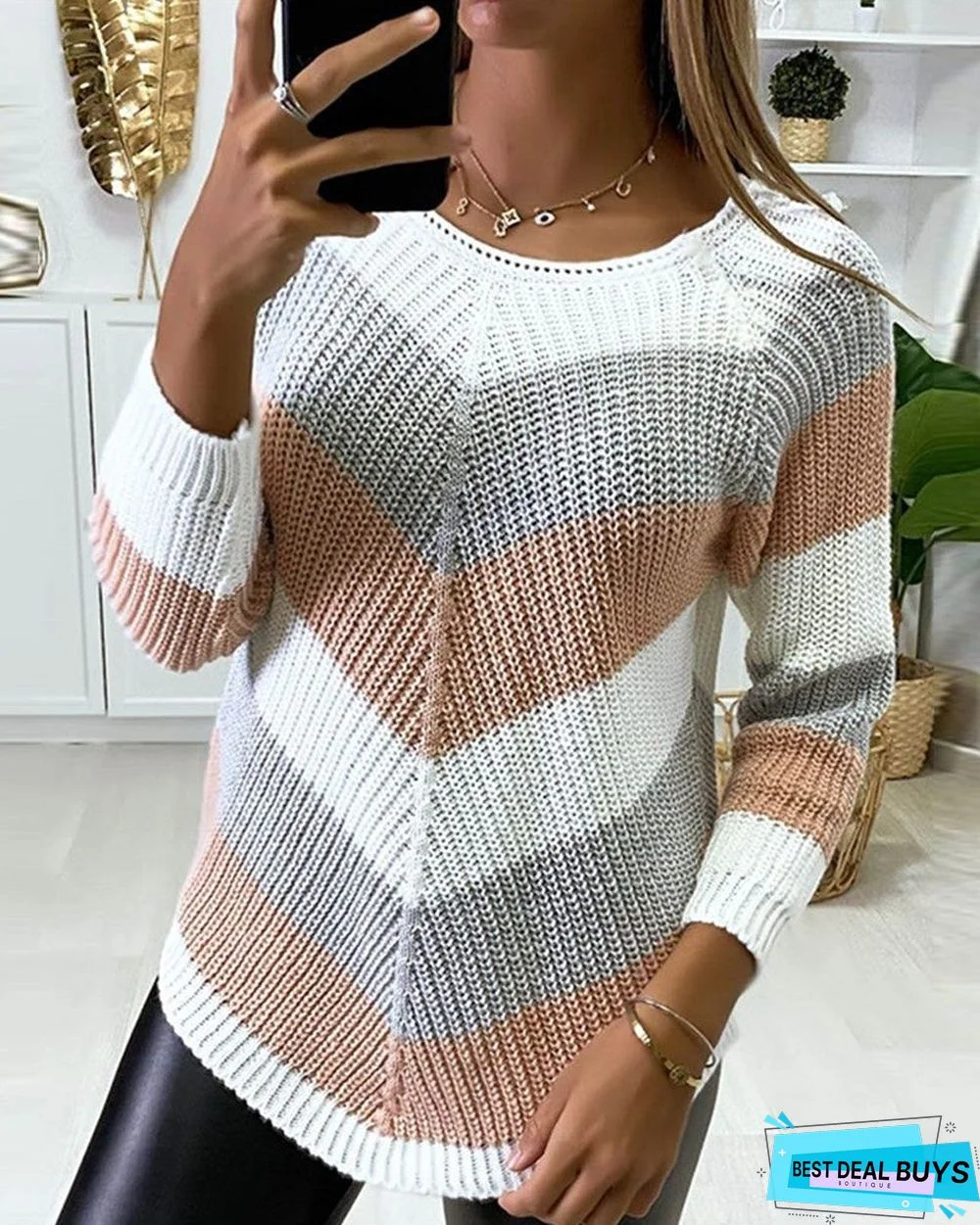 Chevron Pattern Color Block Long Sleeve Knit Sweater