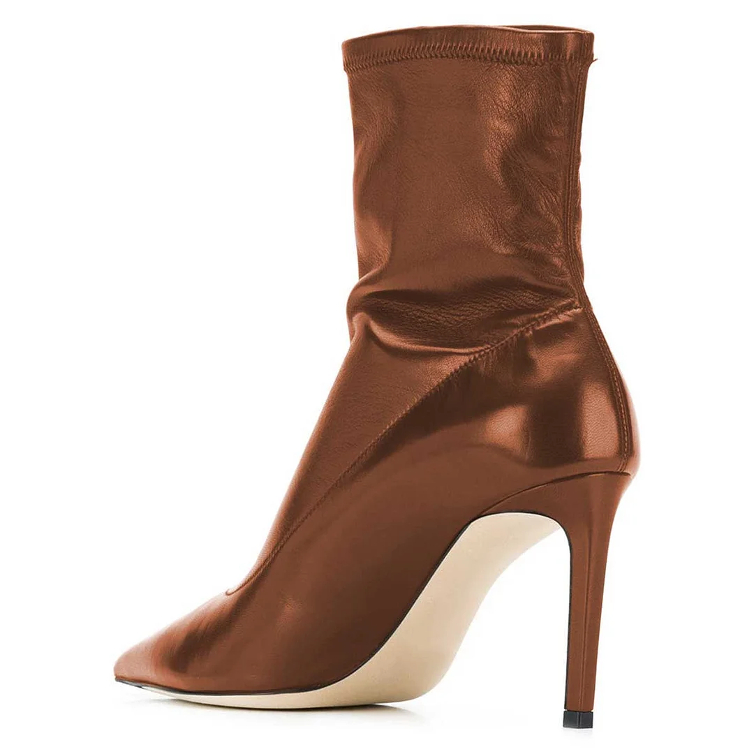 Brown Vegan Leather Pointy Toe Stiletto High Heel Stretch Ankle Boots