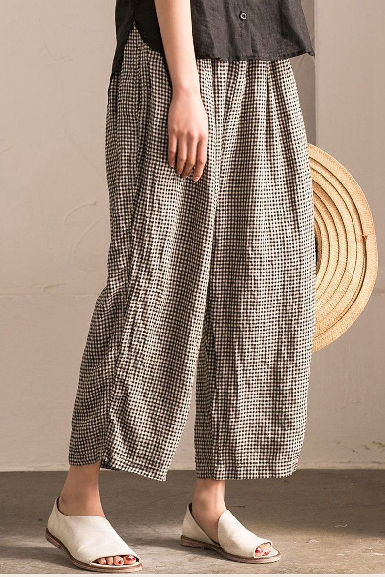 Lovely Black White Grid Wide-legged Pants Linen Casual Trousers K107B