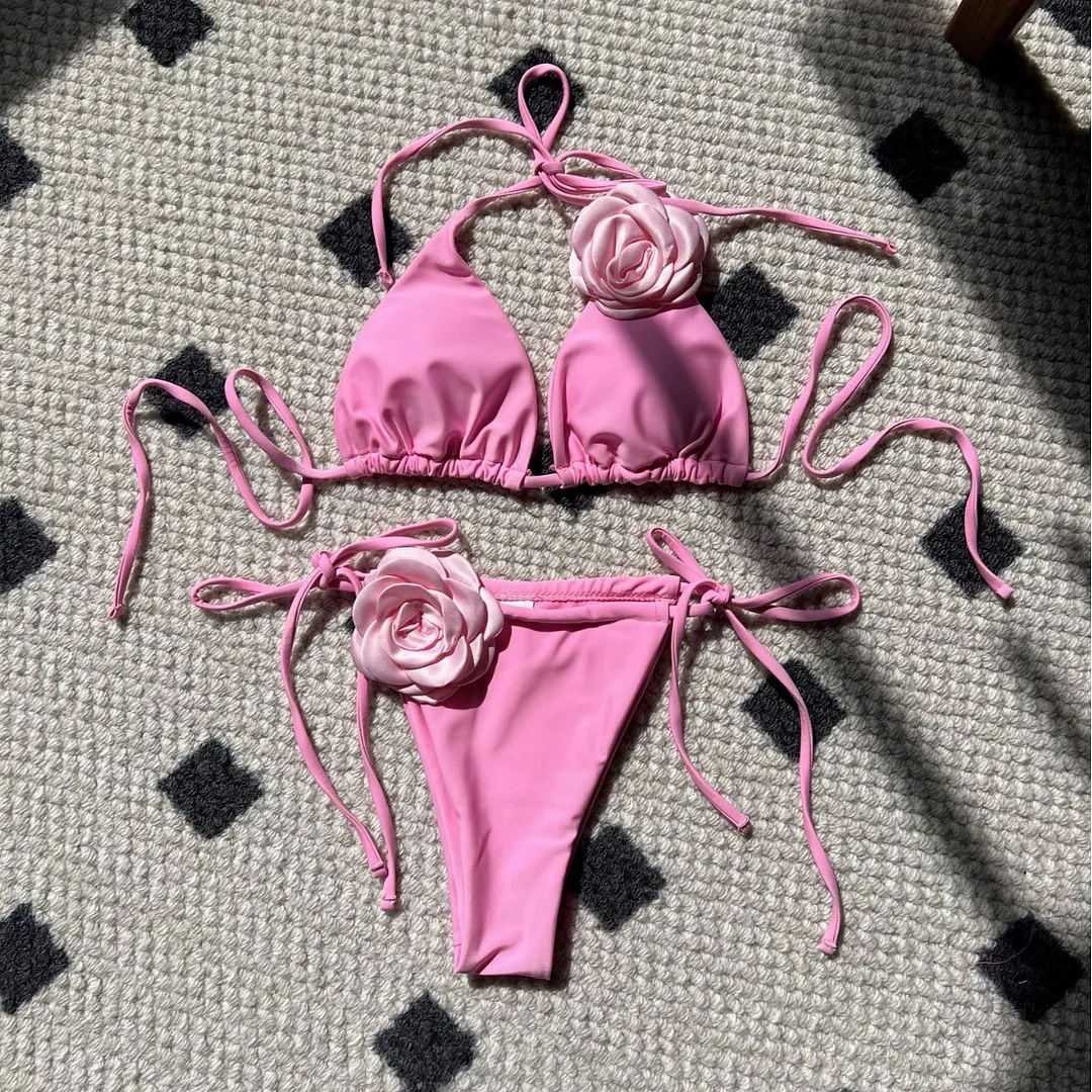 Churchf 2024 European New Solid-Color Rose Drawstring Split Swimsuit Bikini9187