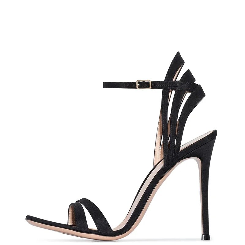 TAAFO Black Stiletto Women Sandals High Heels Open Toe Narrow Band Buckle Strap  Ladies Shoes