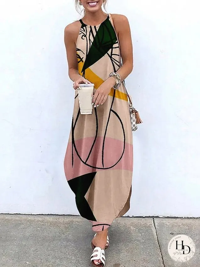 Womens Dress Slip Long Maxi Light Pink sleeveless print split summer spring crew neck