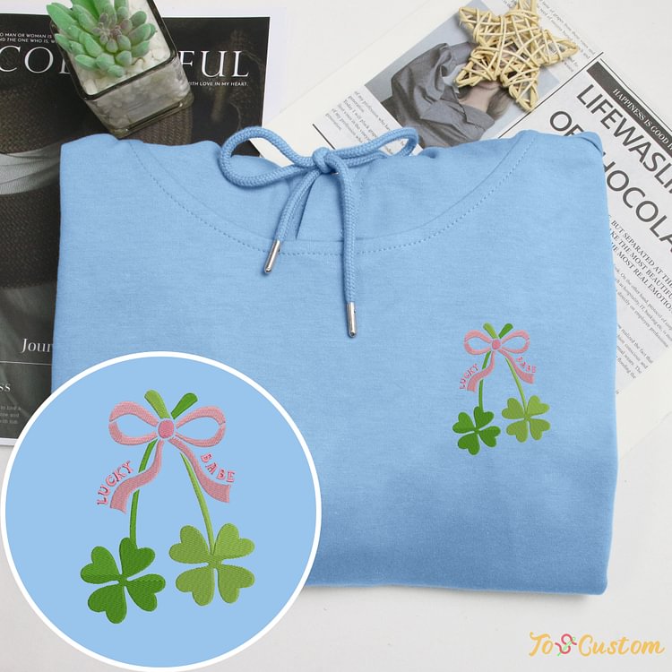 TOSCUSTOM™ Irish St Patricks Day Lucky Babe Clover Embroidered Hoodies Bow Hoodies