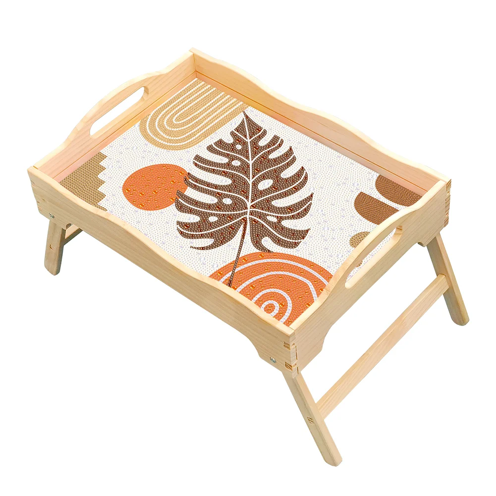 DIY Abstract Leaf Wooden Diamond Painting Dinning Table Tray with Handle for Serving Food