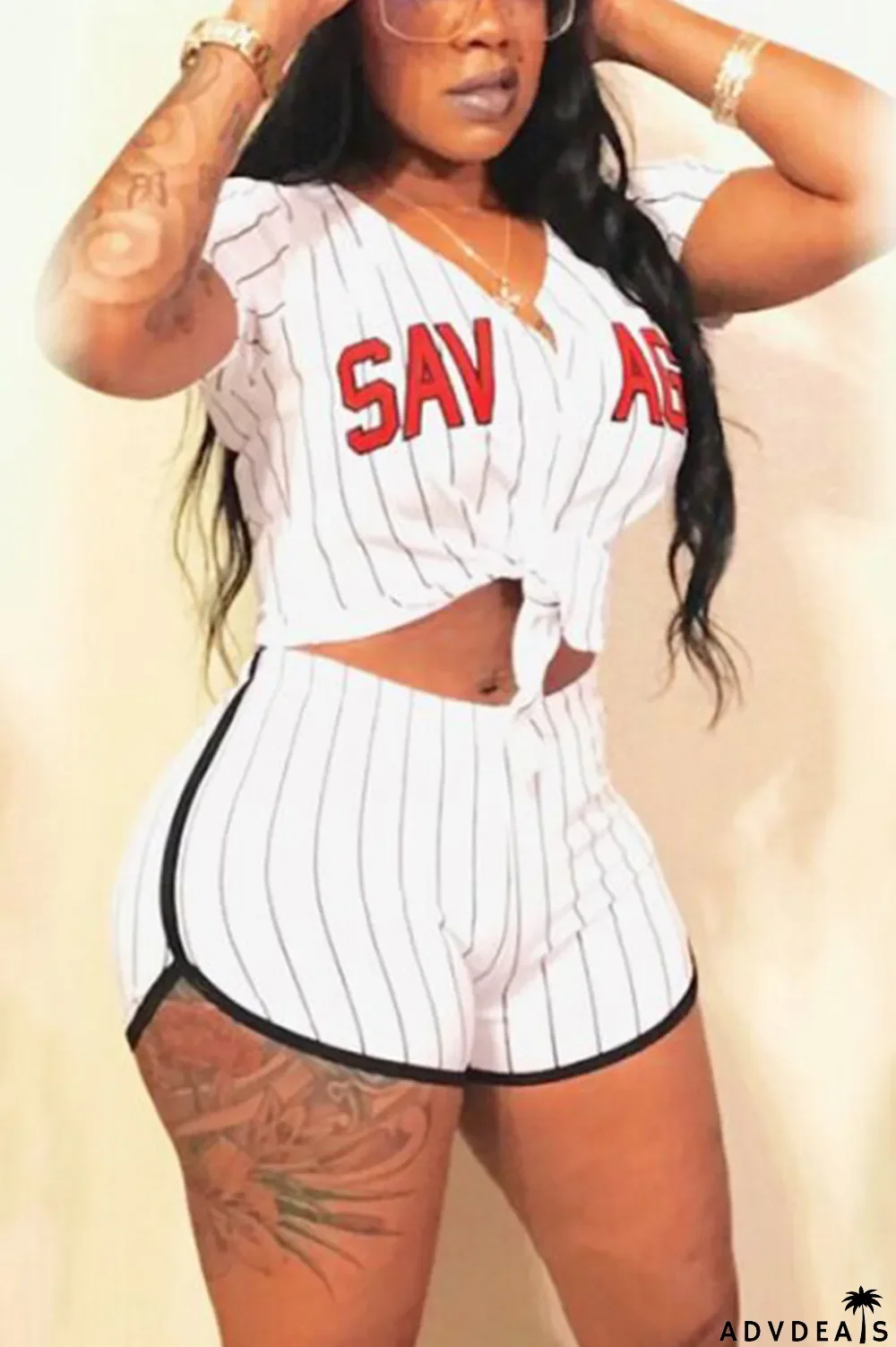 Yellow Fashion Sexy Casual Street Sportswear Letter Striped Print Split Joint Buttons Cardigan Short Sleeve Two Pieces