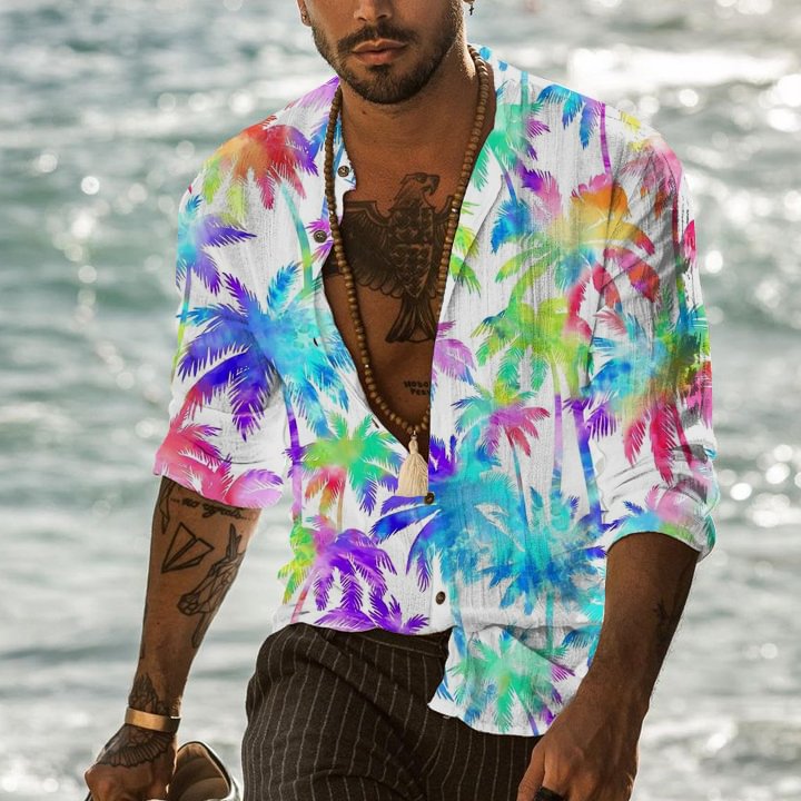 Coconut trees printed men's casual long sleeved shirt top