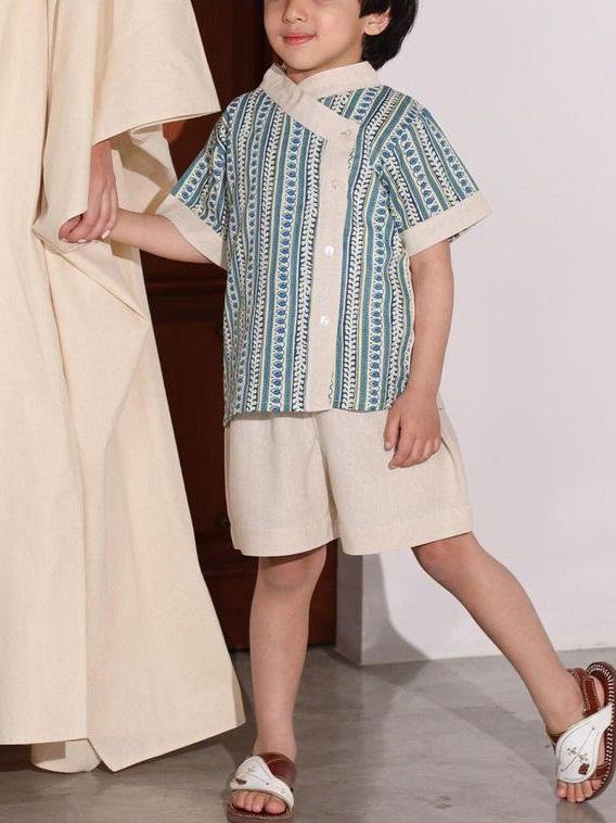 Boys Ethnic Pattern Jacket and Solid Color Shorts Set