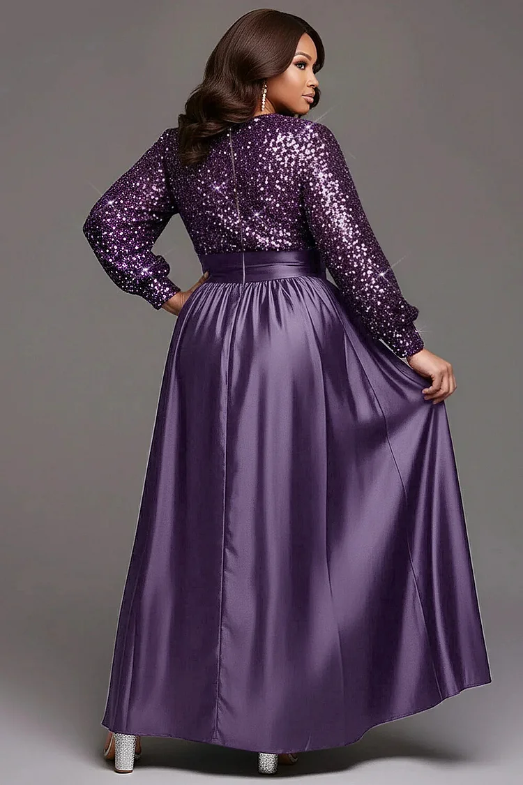Xpluswear Design Plus Size Formal Purple Round Neck Long Sleeve Contrast Elegant Pocket Satin Sequin Maxi Dresses [Pre-Order]