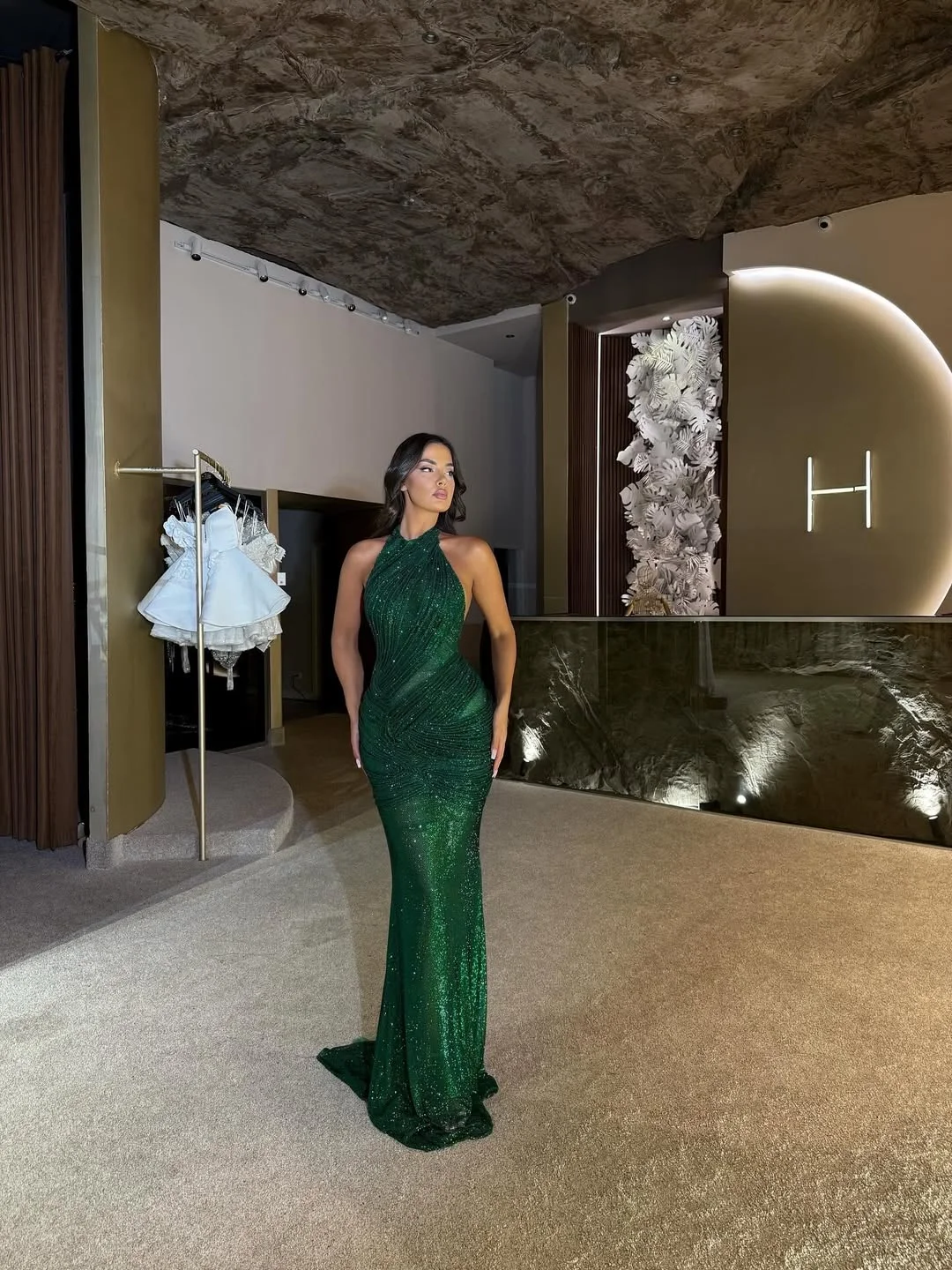 Luxurious Dark Green Halter Mermaid Sleeveless Pleated Prom Dress YK0220