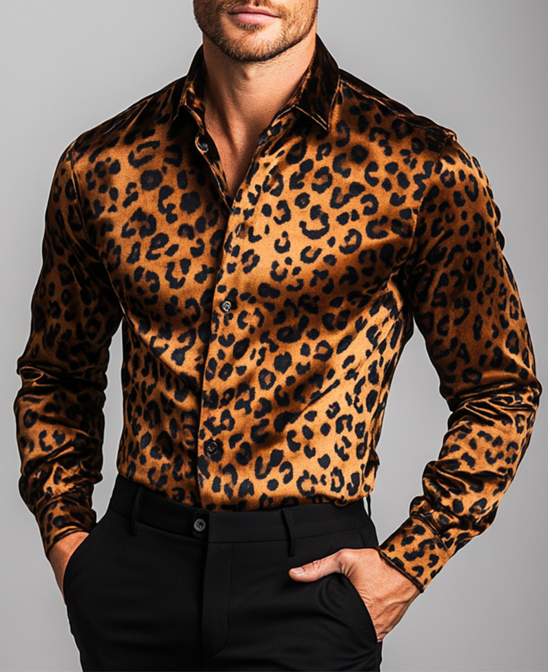 Okaywear Velvet Turndown Collar Long Sleeve Leopard Pattern Shirt