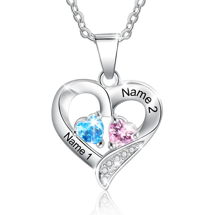 Sterling Silver Heart Necklace Love Necklace Personalized with 2 Birthstones 2 Names Valentine's Day Gift 