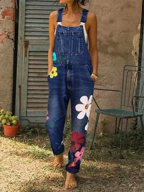 Women's Denim Floral Print Jumpsuit-Mayoulove