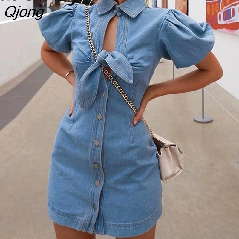 Qjong out knot tie blue denim dress Elegant puff short sleeve bodycon jeans dress Sexy street wear women summer dress