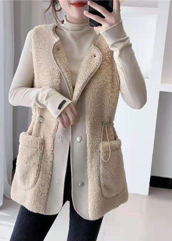Loose Apricot drawstring Faux Fur Winter Vest CK2306- Fabulory